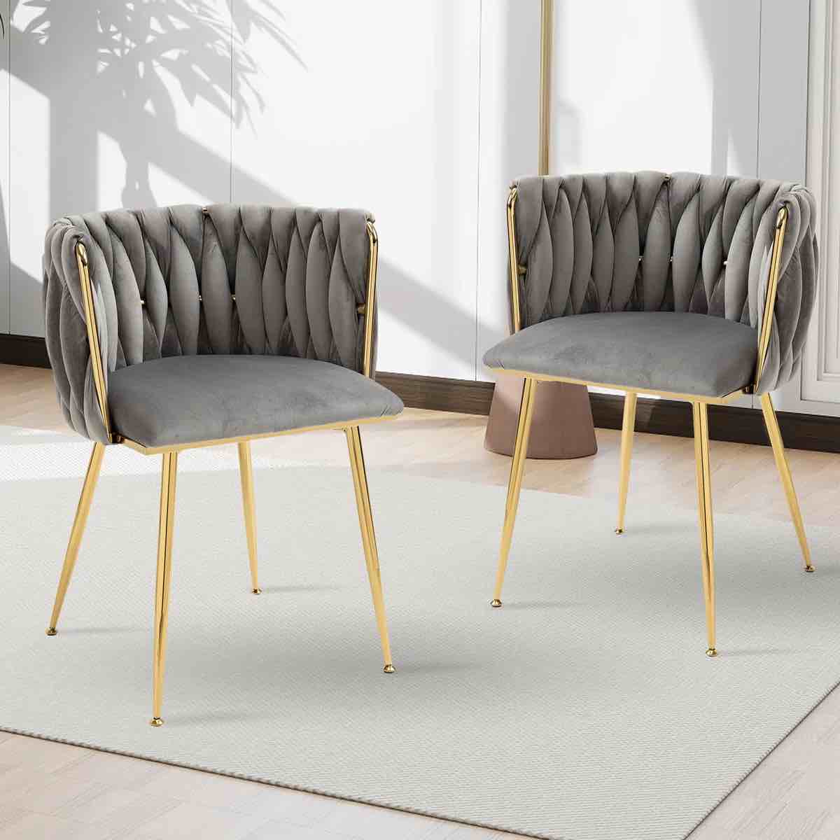 Condition photo showing New/Like New for modern velvet dining chairs set of 2, upholstered living room chair with woven back and silver metal legs, mid-century accent side chair for living dining room, kitchen, vanity, grey