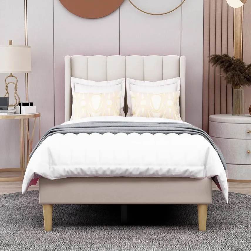 Condition photo showing New/Like New for upholstered platform bed frame- twin