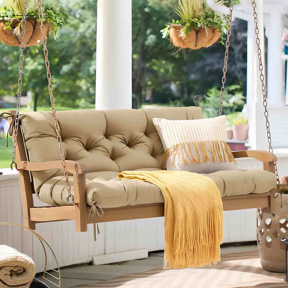 Condition photo showing New/Like New for swing cushion replacement for 2-3 seater outdoor bench,60" patio porch swing seat cushion - heavy-duty universal fit outdoor furniture cushions, weather-resistant