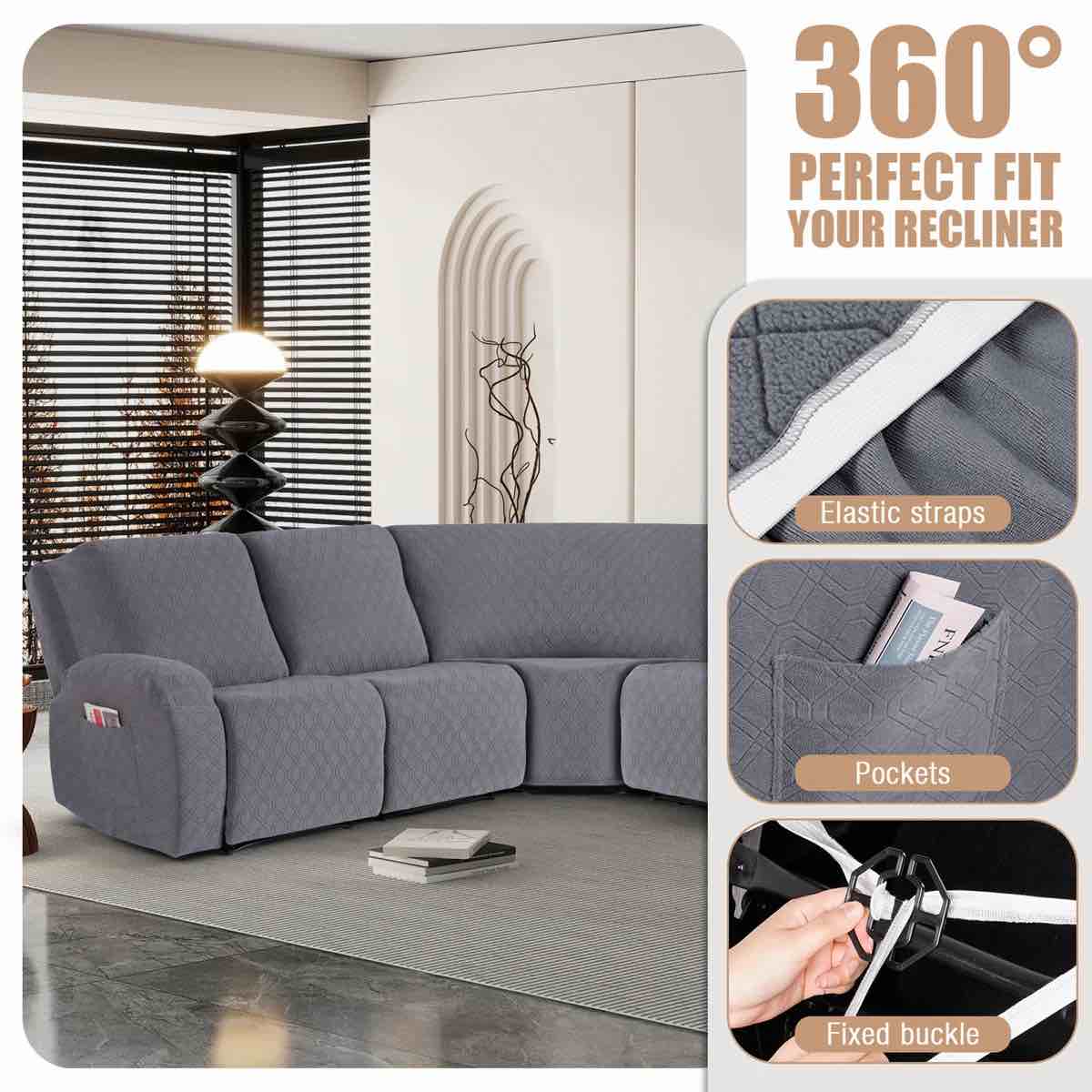 Condition photo showing New/Like New for harriet 5-pieces recliner corner sectional sofa slipcovers- oversized box cushion reclining sofa covers for l shaped couch with pockets ( 5 seater)