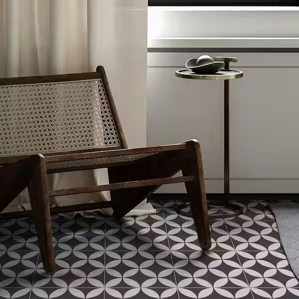 Condition photo showing New/Like New for patterned gray 9 in. x 9 in. spc coin peel and stick backsplash wall and floor tile (1-pack)