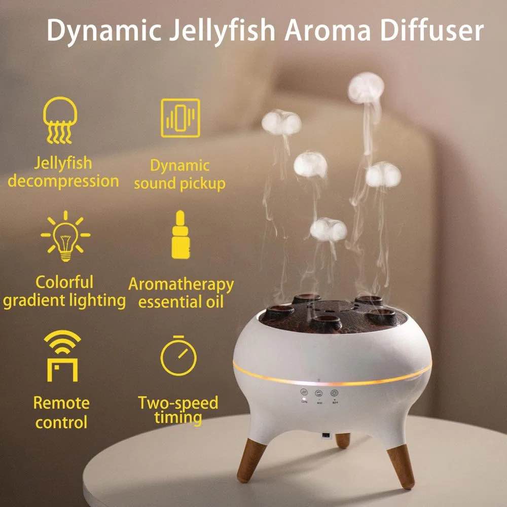Condition photo showing New/Like New for essential oil jellyfish diffuser, aromatherapy diffuser, 250ml ultrasonic cool mist humidifier, music sync jelly fish diffuser with 7 colors light, remote, timer for home office