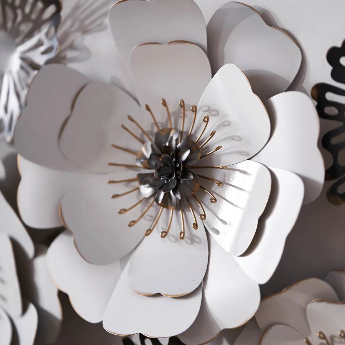 Condition photo showing New/Like New for metal wall art with layered flowers in white and gray 57 inch wide 3d floral wall decor for living room bedroom or entryway
