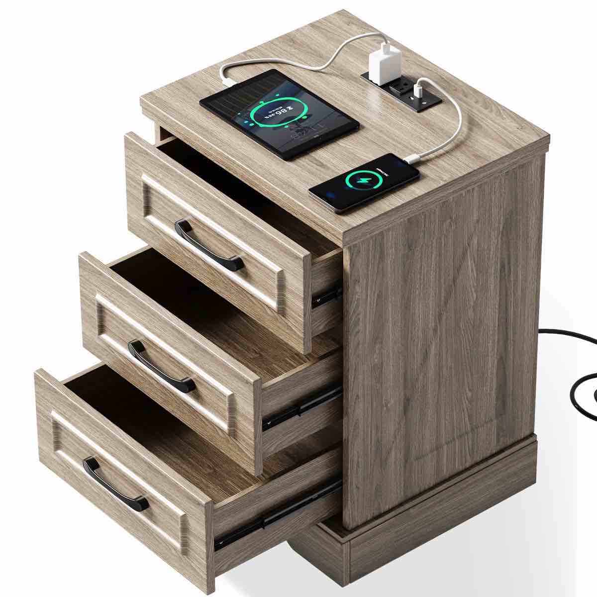 Condition photo showing New/Like New for valera farmhouse 3-drawer nightstand with charging station and bar handles