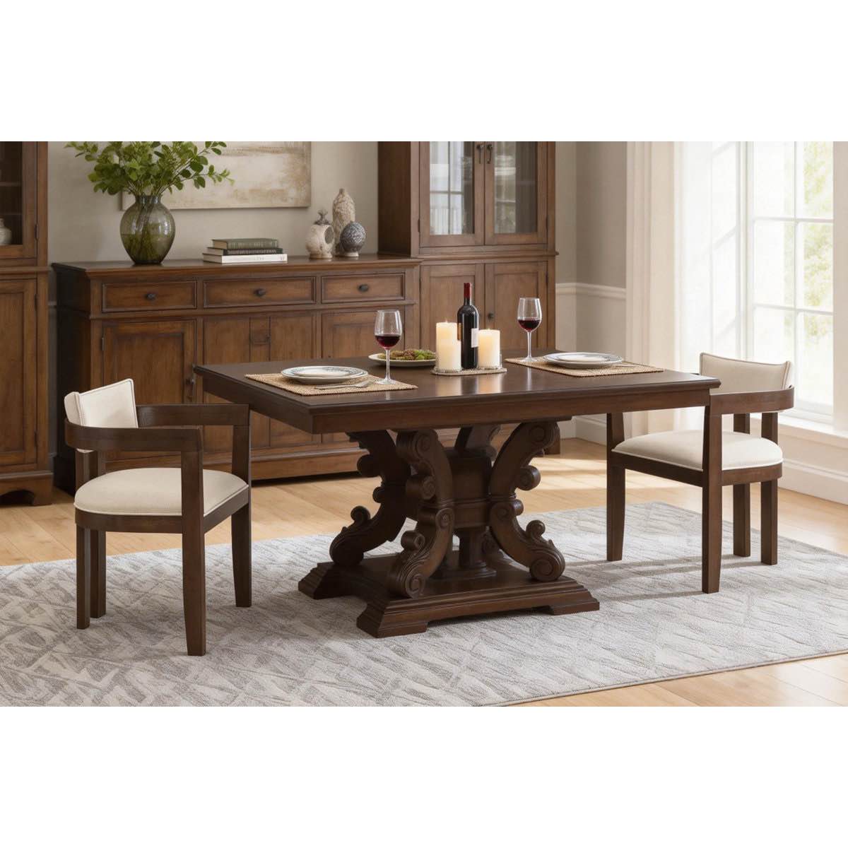 Set Of 2 Elegant Walnut Dining Chairs With Beige Polyester Linen Blend Upholstery For Modern And Stylish Dining Spaces