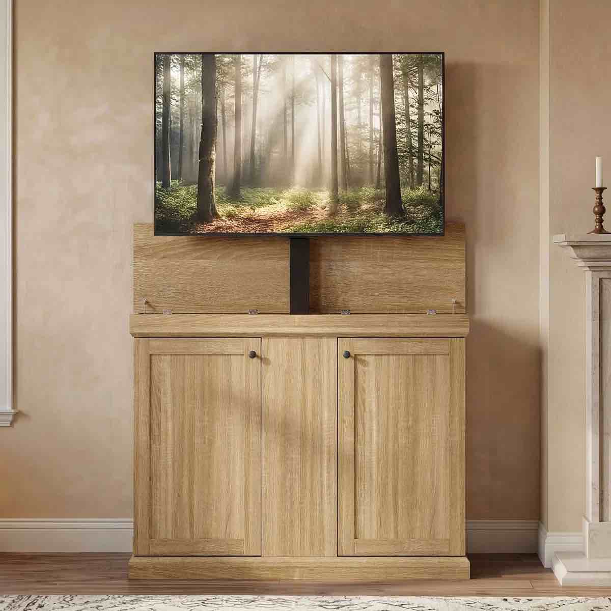 Natural TV Stand Entertainment Center Fits TV's up to 50 in. with Motorized Lift, Remote Control and Cable Management