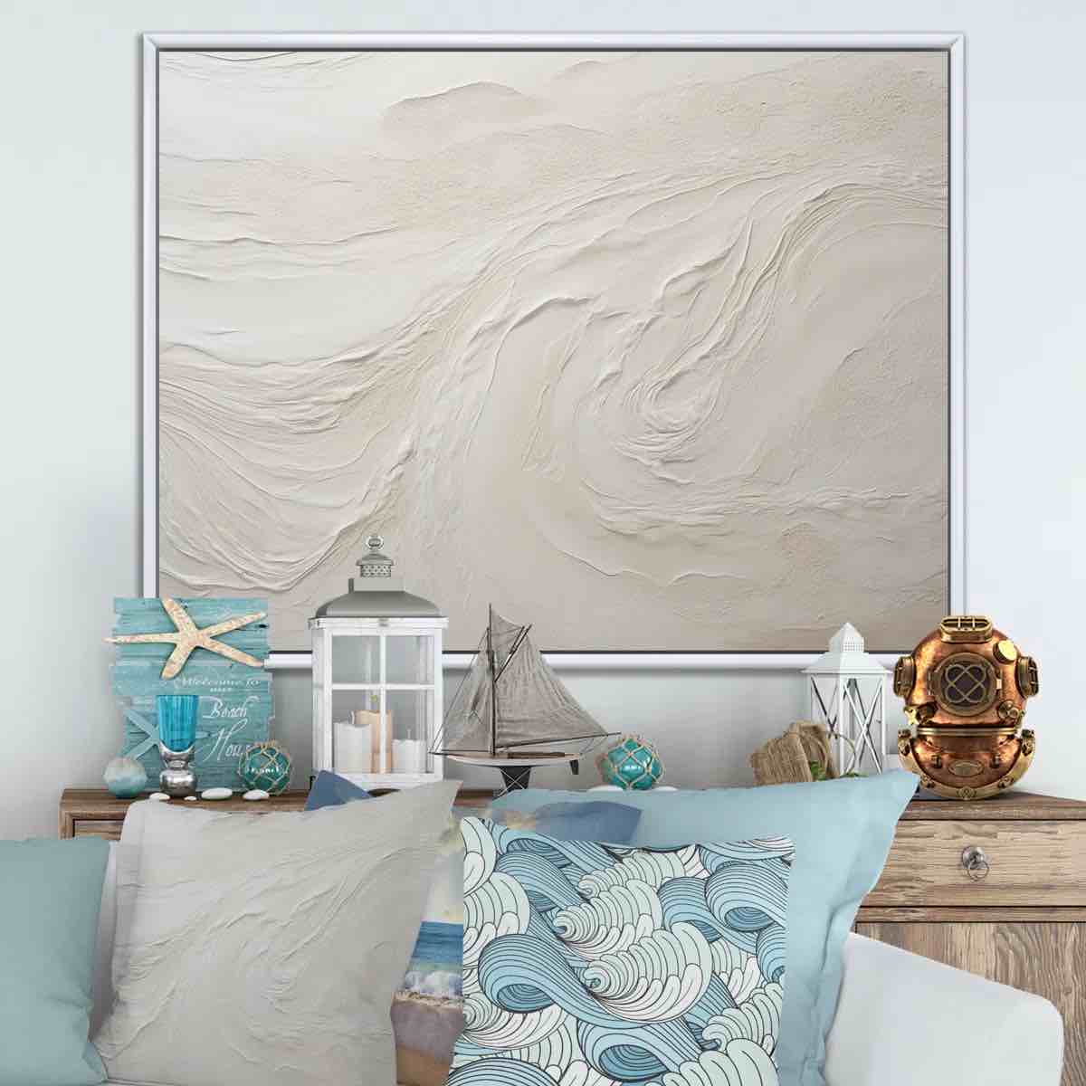 Condition photo showing New/Like New for modern beach beige sand charm i - coastal beach sand printed wall art for living room, ocean canvas print