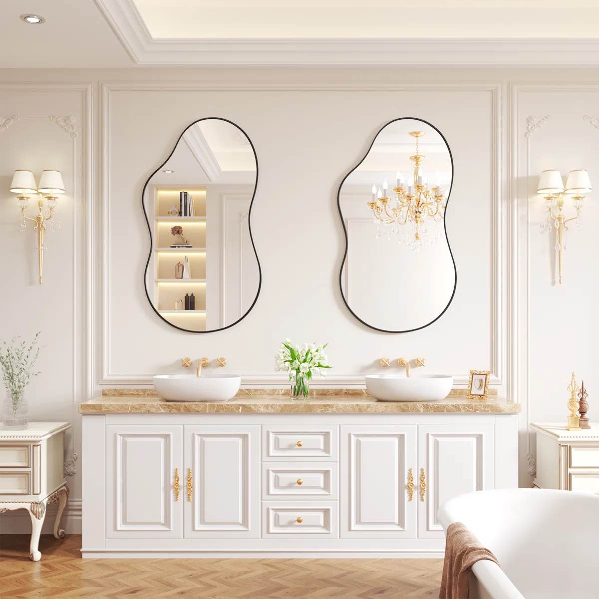Condition photo showing New/Like New for irregular wall mirror asymmetrical mirror wall mounted mirrors decorative, abstract wavy aluminum alloy frame mirror for bathroom, bedroom, living room, entryway