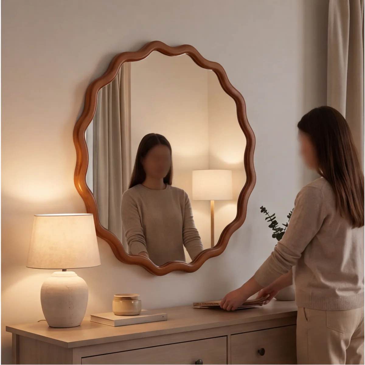 Condition photo showing New/Like New for wavy round solid wood wall mirror, yellowish-brown rustic frame for bedroom, bathroom, living room, entryway