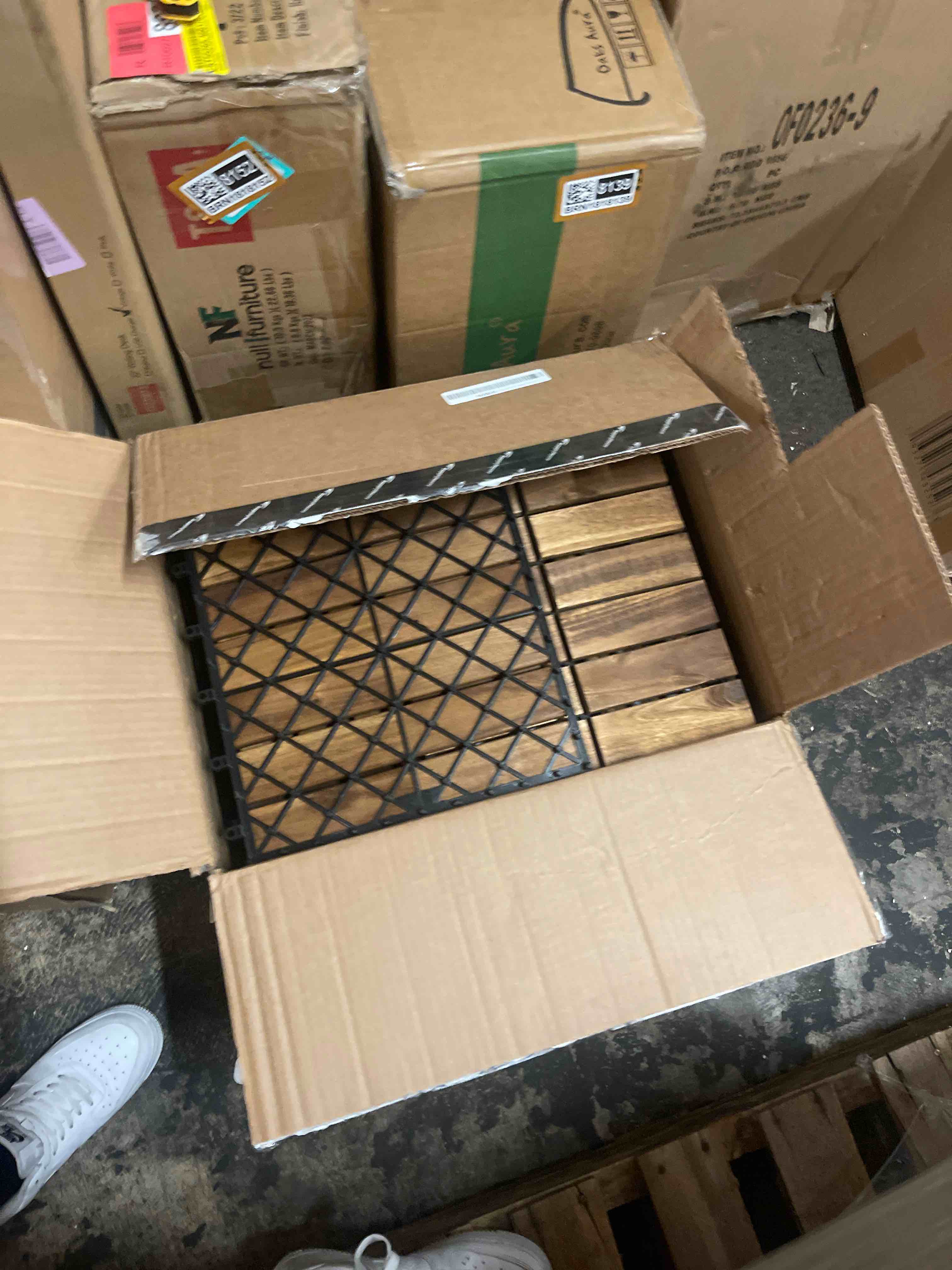 Condition photo showing New/Like New for 27 pack acacia wood deck tiles, 12" x 12" interlocking deck tiles for patio, balcony, backyard & poolside, waterproof diy wood flooring