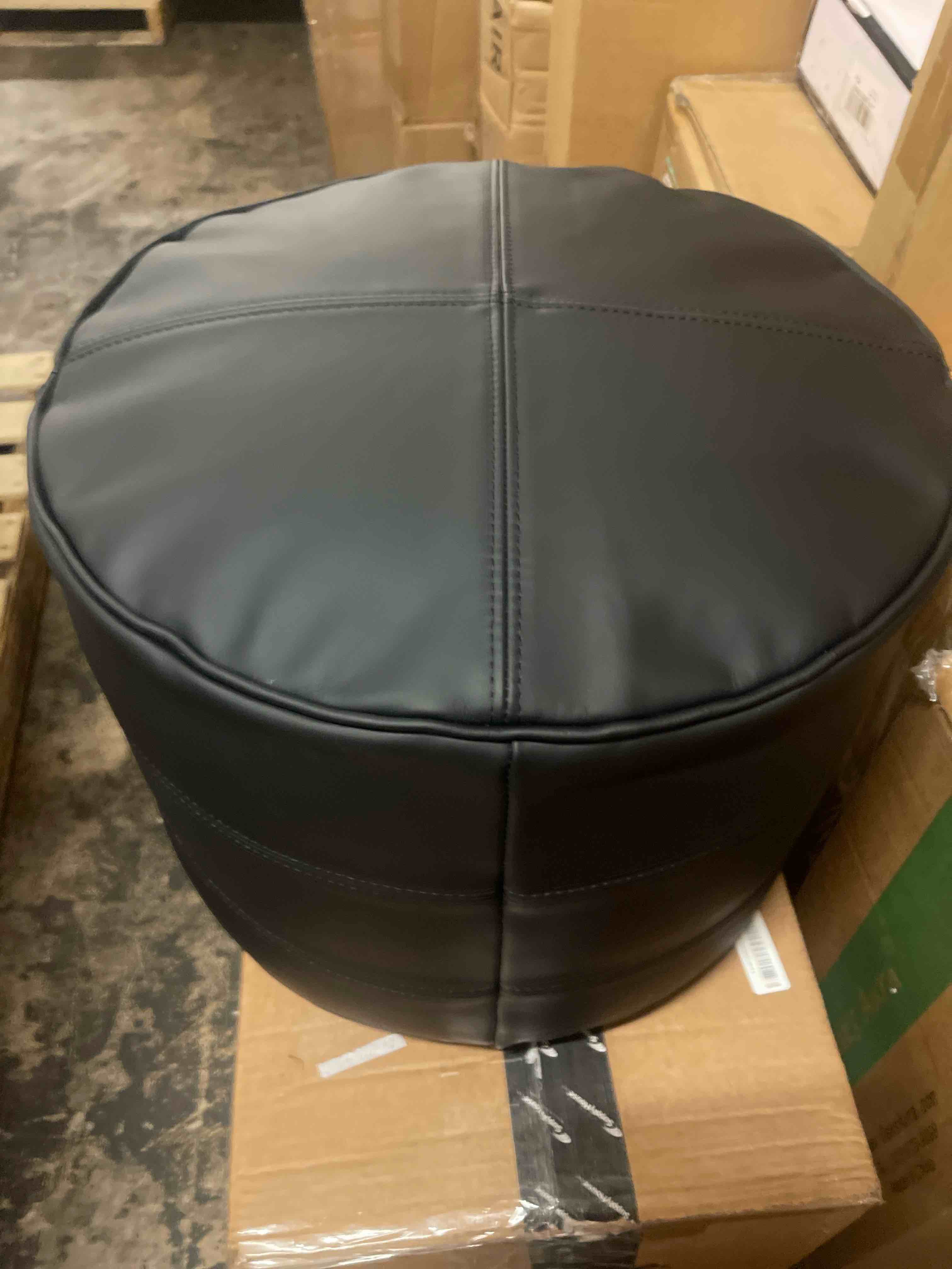 Condition photo showing New/Like New for genuine leather ottoman, square pouf footstool (round, black) | modern upholstered ottoman, floor pouf for living room, bedroom