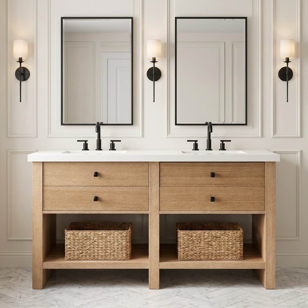 Condition photo showing New/Like New for 60" oak wood double bathroom vanity base