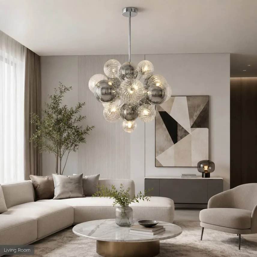 Condition photo showing New/Like New for ivy bronx modern 11 - light bubble glass dimmable sphere chandelier