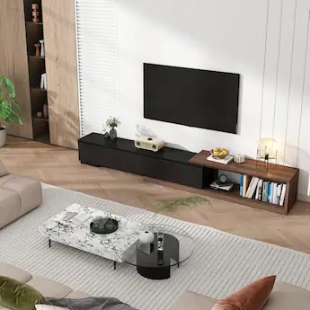 Condition photo showing New/Like New for espafurni - 82 - 107.3 inch extendable tv stand - 3 drawers, modern minimalist entertainment center with reversible console - black & walnut