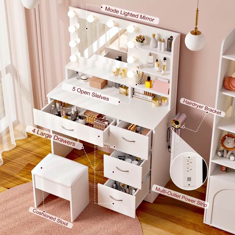 Condition photo showing New/Like New for livelyglow makeup vanity set with stool, lighted mirror, vanity desk with 5 shelves & 4 drawers, power outlet & hairdryer holder, vanity dressing table perfect gift for bedroom - white