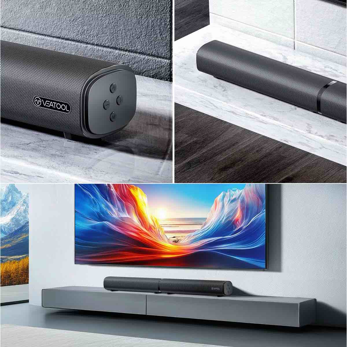 Condition photo showing New/Like New for veat00l 2.2ch soundbar, 100w bluetooth 5.3, 3d surround, powerful bass, home theater, usb/optical/aux, split design.