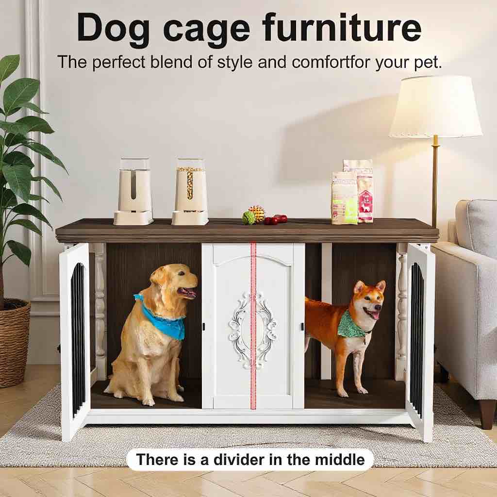 Condition photo showing New/Like New for 62" large dog furniture crate, sleeps two dogs, double dog kennel with hand carved decor, large dog kennel