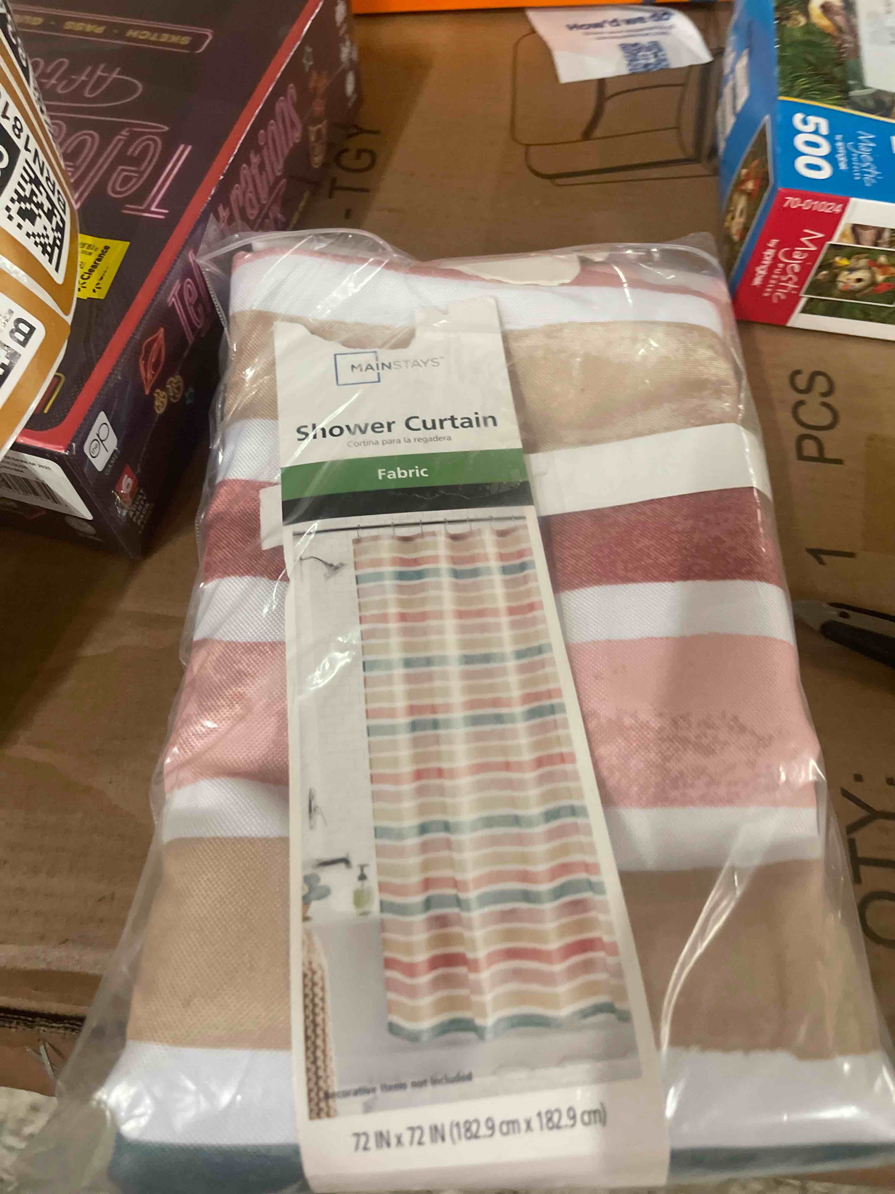 Condition photo showing New/Like New for mainstays watercolor multicolor stripe polyester shower curtain, 72" x 72"