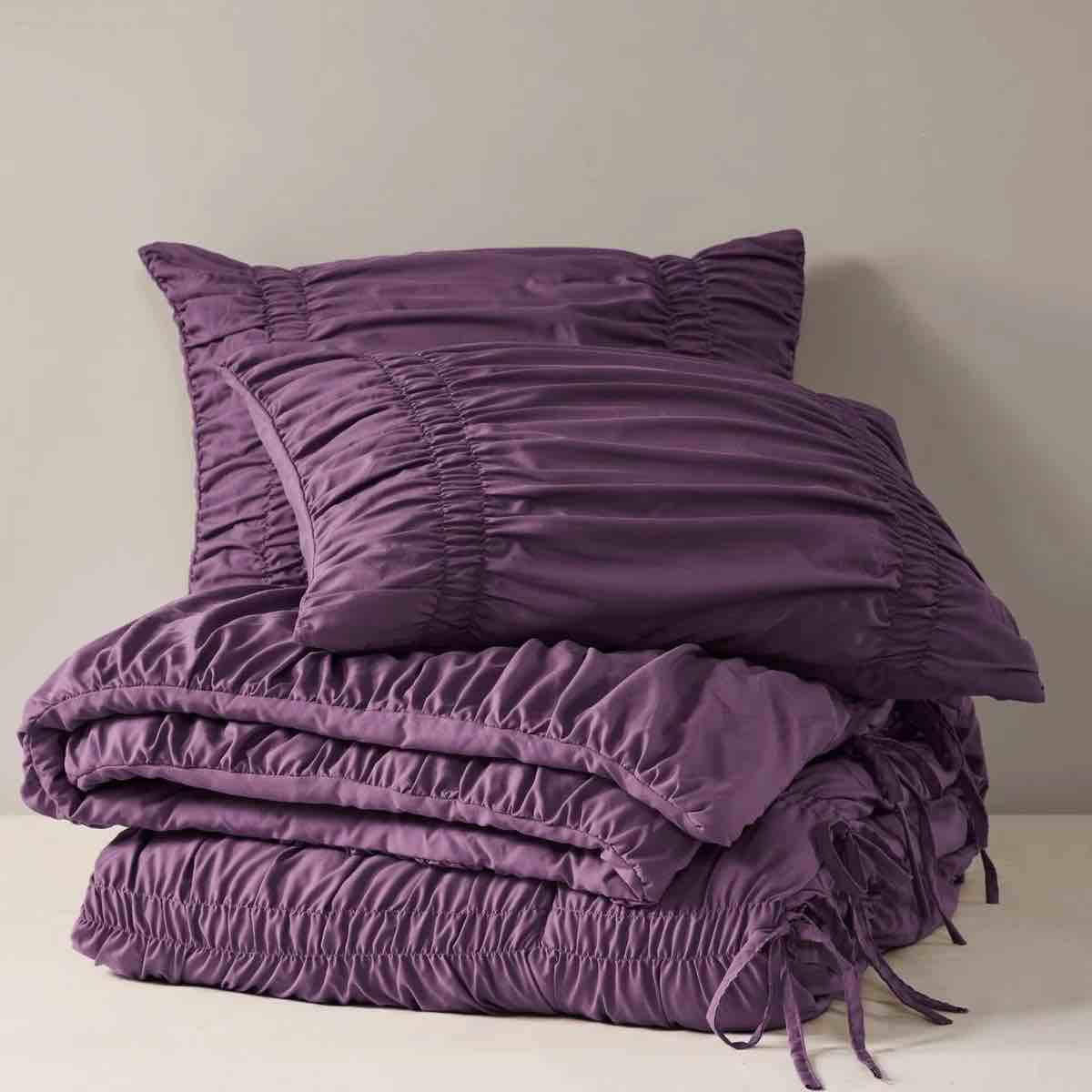Condition photo showing New/Like New for 3pcs queen comforter , purple, microfiber, french country look, and tie elements, all - season softness, , easy to clean country, romantic design, coziness, care
