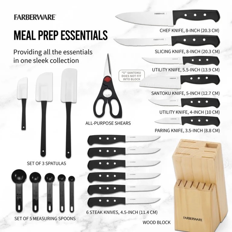 Condition photo showing New/Like New for farberware 22-piece never needs sharpening stainless steel knife set with tool set black