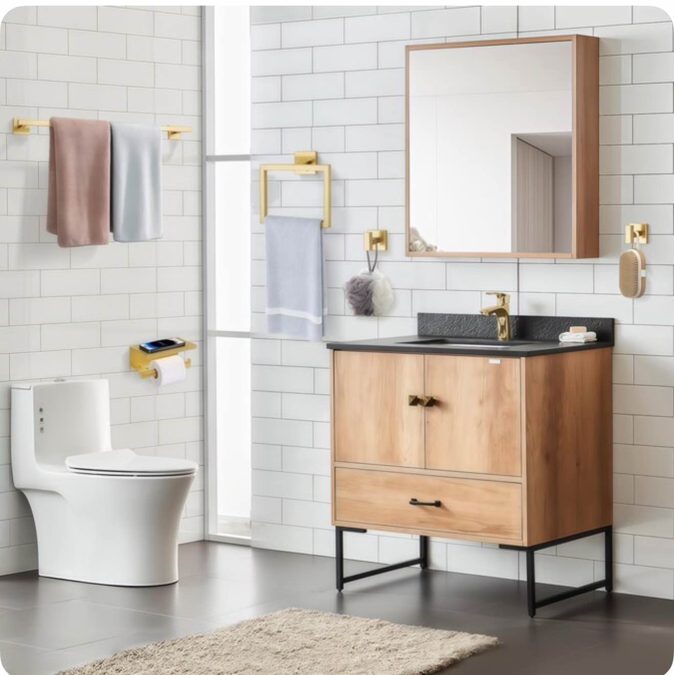 23.6in W 5-Piece Brushed Gold Square Bathroom Hardware Accessories Set