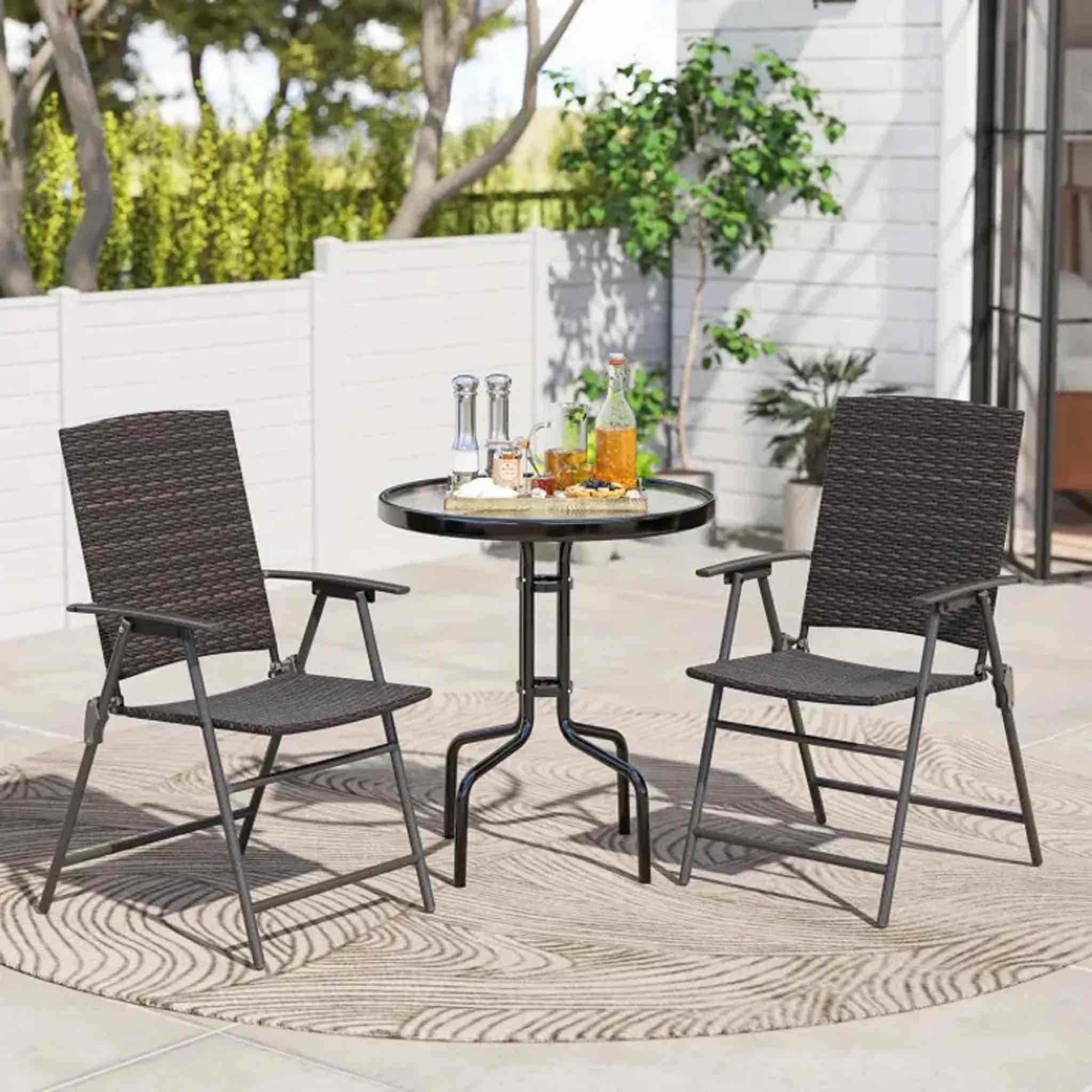 Patio PE Wicker Dining Chairs with Armrests and Metal Frame