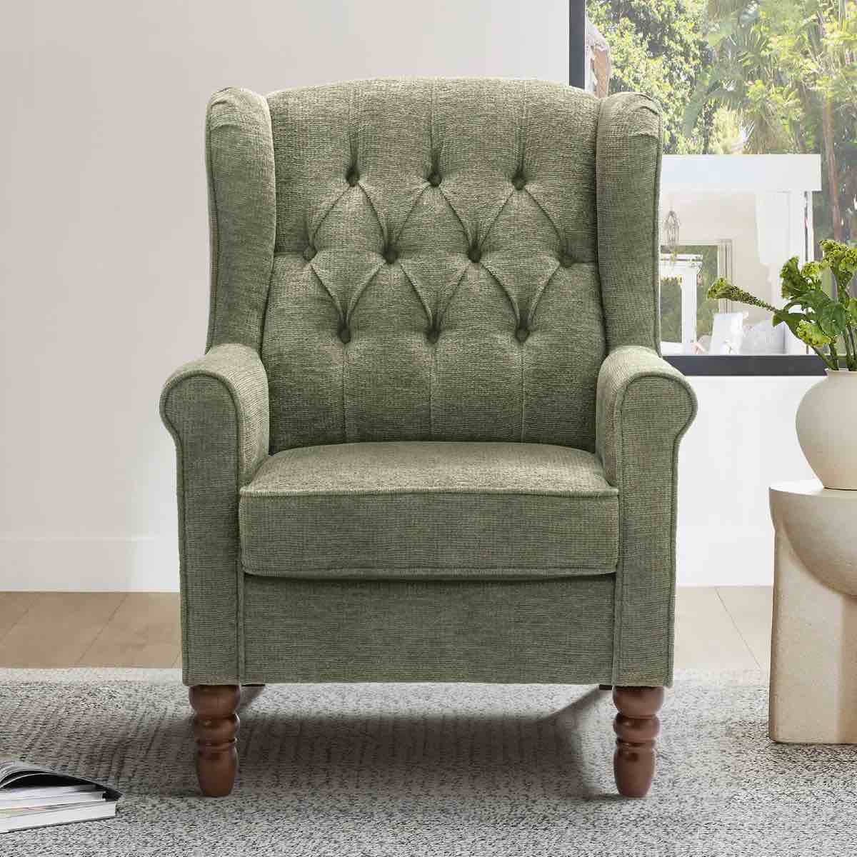 Button-Tufted Small Wingback Accent Chair with Rolled Arm and Thick Padded Cushion 