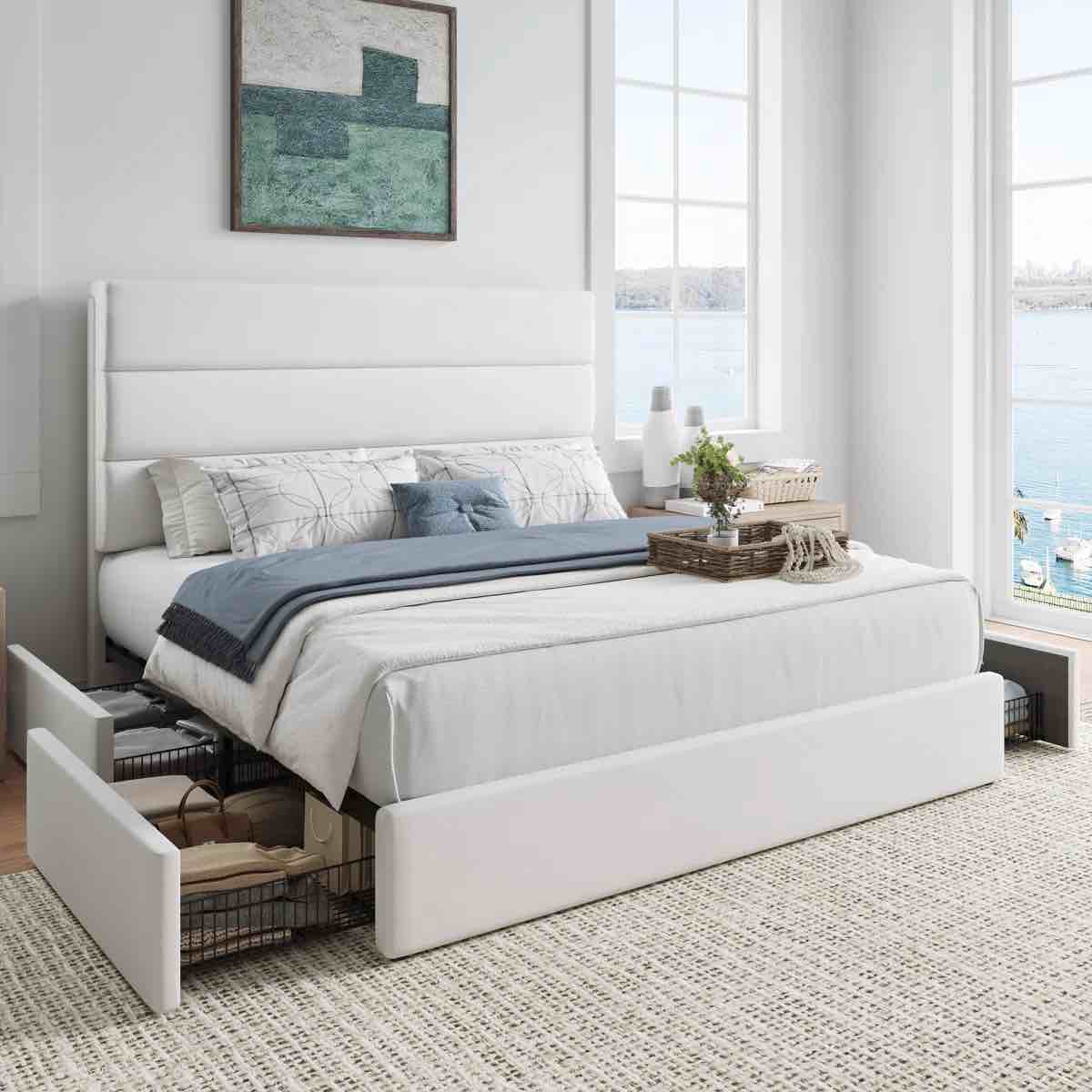 Storage Upholstered Platform Bed Frame, with 4 Drawers No Box Spring Needed 