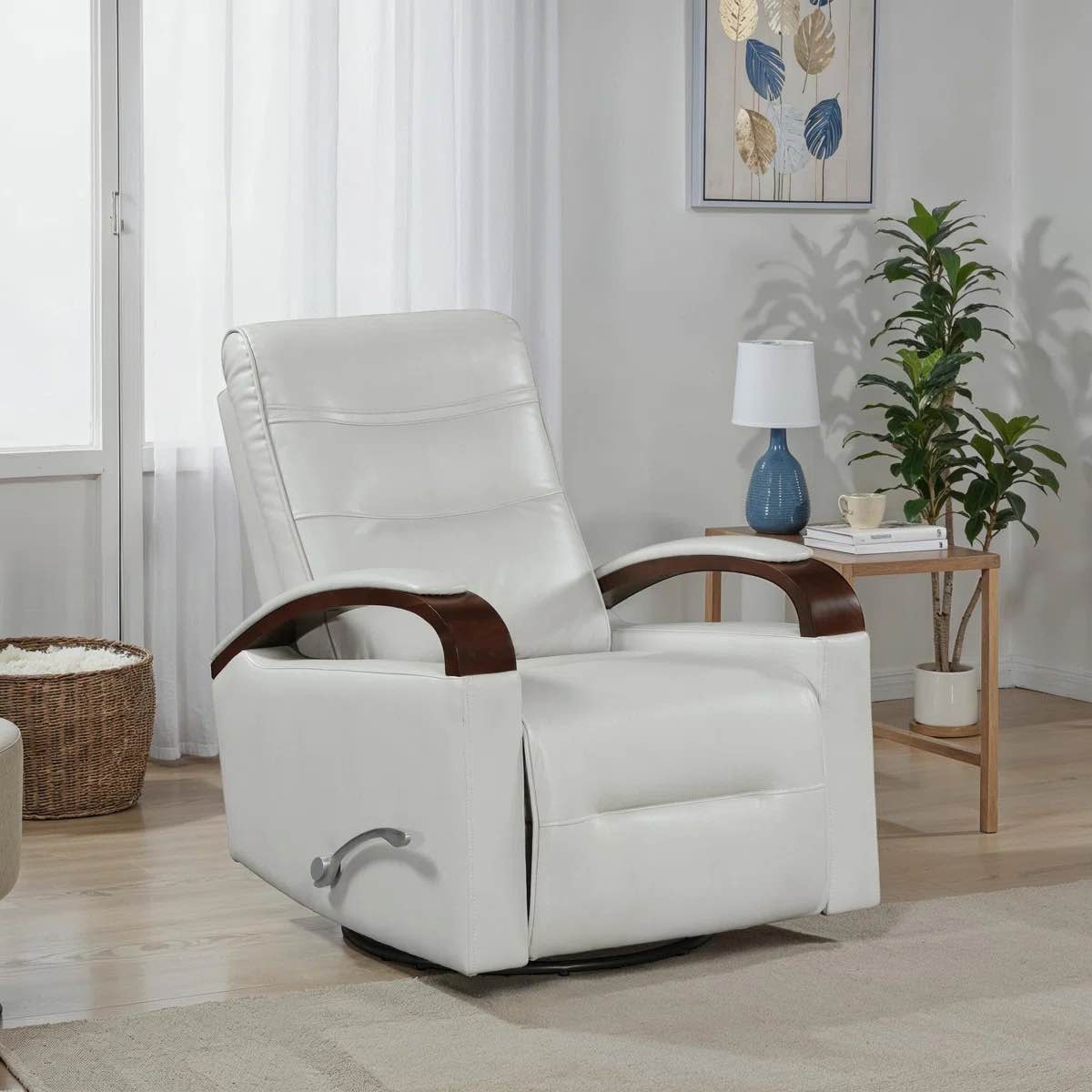 Selkirk 31.5" Modern & Contemporary Breathable Faux Leather Swivel Glider Reclining Chair with 360-Degree Swivel, Gentle Gliding Motion & Solid Rubberwood Arms 