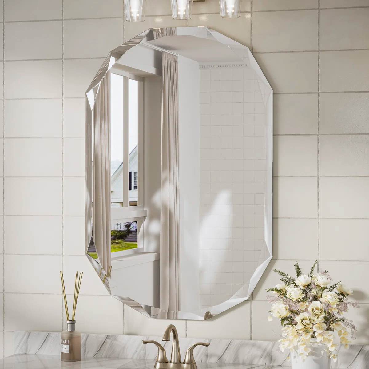 pearlette oval beveled frameless bathroom vanity mirror decorative wall accent mirror 