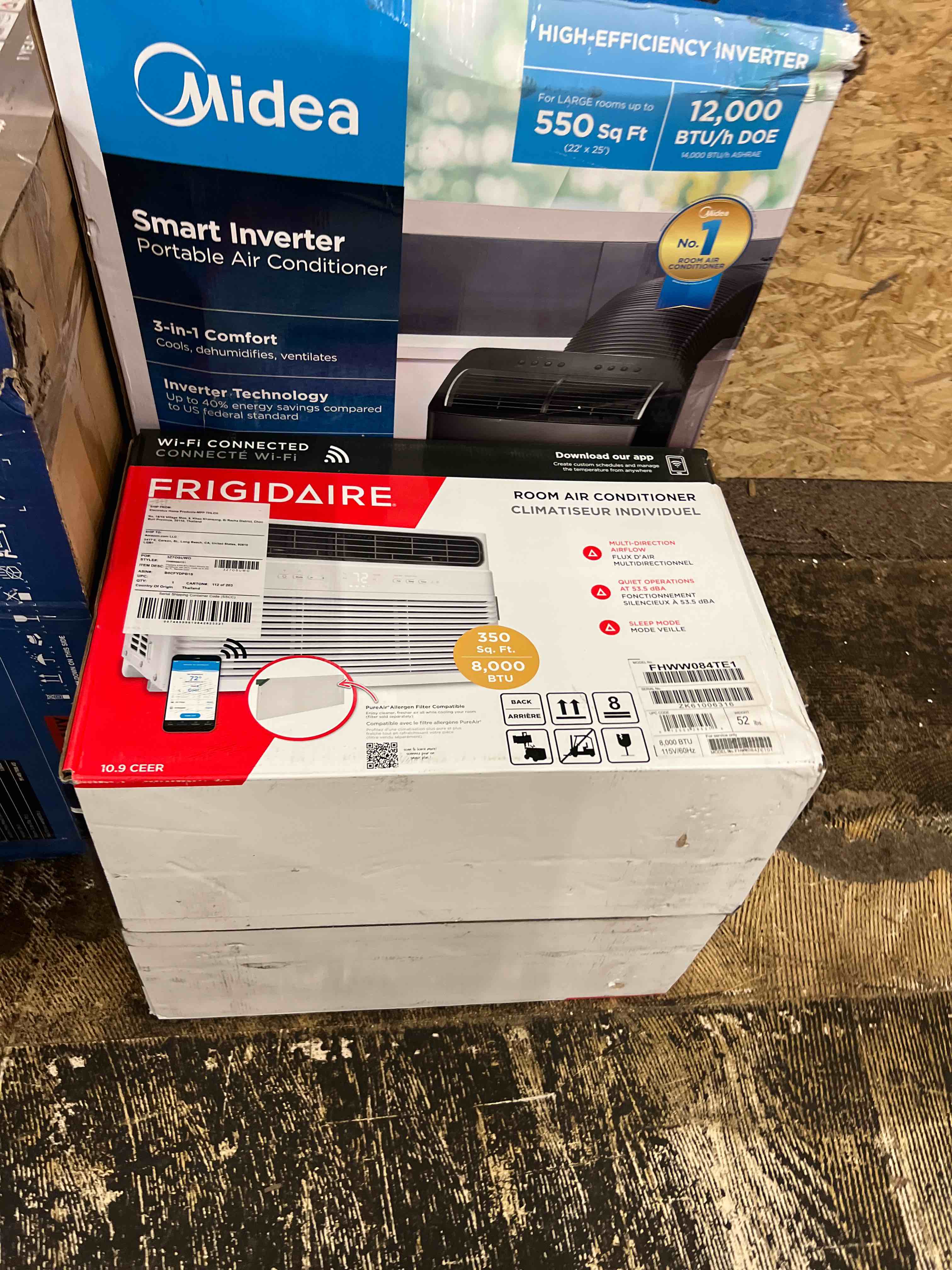 Condition photo showing New/Like New for frigidaire 8,000 btu smart window air conditioner with wi-fi, cools up to 350 sq. ft., remote control, quiet operation, eco mode, 3 fan speeds, white