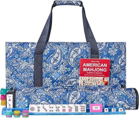 american mahjong tile set with navy printed carrying bag, 166 premium white tiles, 4 all-in-one color racks/pushers, mah jongg sets, complete mahjong game set for travel