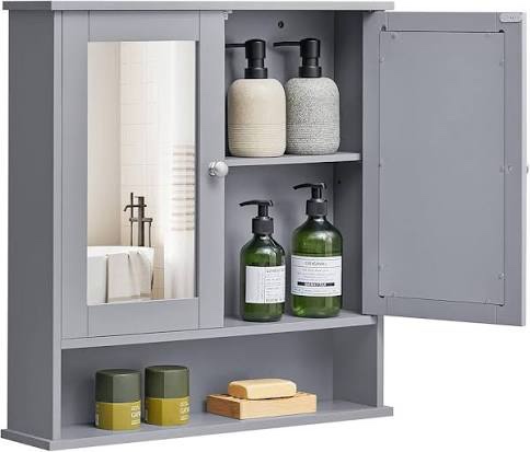 vasagle bathroom cabinet with mirror, wall cabinet with 2 mirrored doors, adjustable shelf, open compartment, wall-mounted, 5.1 x 22.2 x 23 inches, dove gray ulhc002g02 dove gray 2doors with mirror 23"h