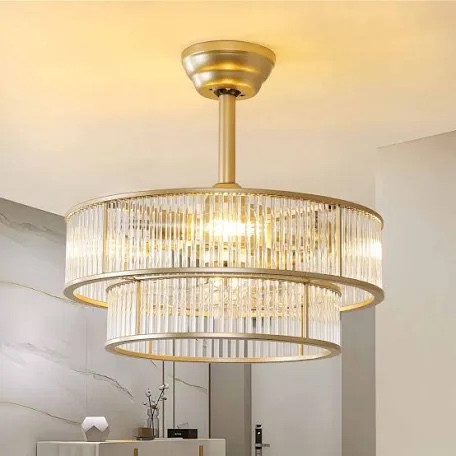 gold fandelier ceiling fans with lights, 20" gold crystal chandelier ceiling fan with light remote control, caged mid century with 6 speeds for bedroom, living room, nursery