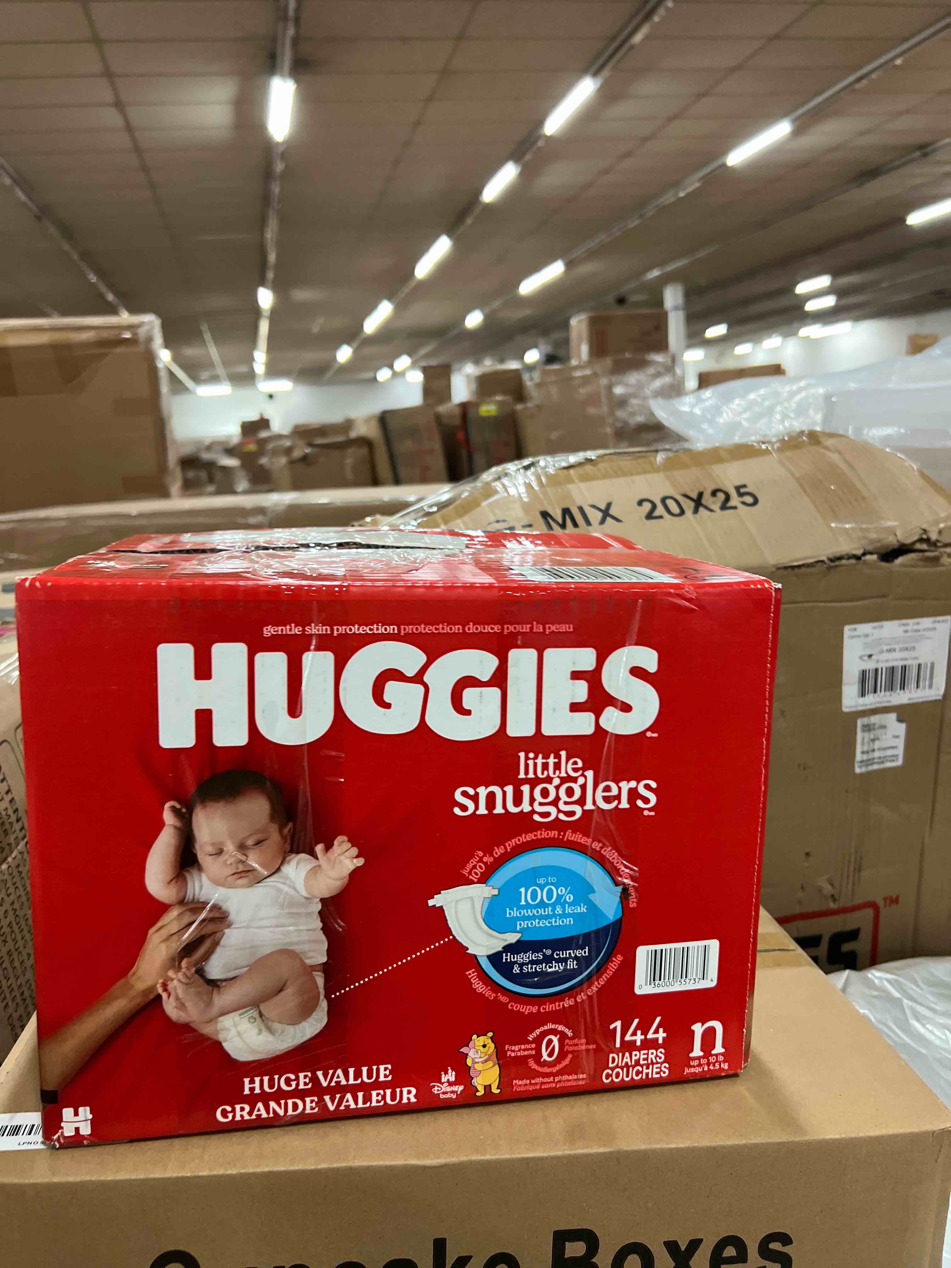 Condition photo showing New/Like New for huggies size newborn diapers, little snugglers baby diapers, size newborn (up to 10 lbs), 144 count, packaging may vary