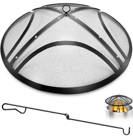 fire pit spark screen, 27 inch outdoor fire pit screen with handle & poker, heavy-duty steel fire pit cover round mesh replacement firepit screen for backyard/beach/rv camping black&flower 27 inch
