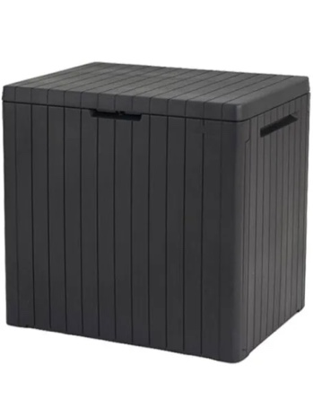 keter city 30 gallon resin outdoor storage box and patio furniture side table for pool and garden accessories, dark grey