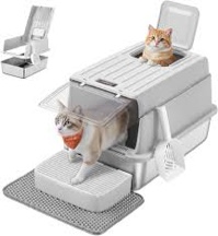 stainless steel cat litter box with flip lid, scoop, litter mat, 2 doors, for cats up to 15 kg, light grey