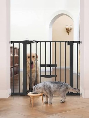 babelio new version baby gate with cat door adjustable, 29-40" metal pet door for stairs & doorways, pressure mounted, no tools needed, black black 29-40" wide, 30" tall