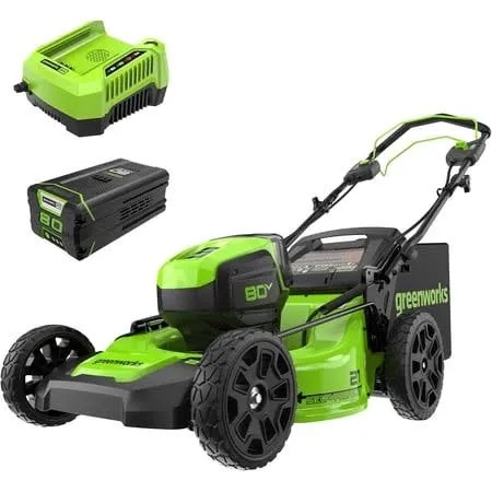 Condition photo showing New/Like New for greenworks 80v 21" self-propelled cordless lawn mower - brushless motor, led lights, 4.0ah battery & rapid charger (75+ compatible tools)