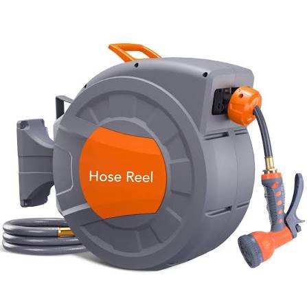 retractable garden hose reel 1/2 in x65 ft, garden water hose reel with 10- function sprayer nozzle, any length lock/automatic slow return system,180° swivel bracket gray-white 1/2" 65ft