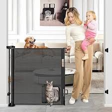 retractable baby gates with door 55" wide retractable dog gate with pet door outdoor retractable gate for dogs mesh baby gate retractable pet gate with cat door retractable child gates for doorways black 33" x 55"-with cat door