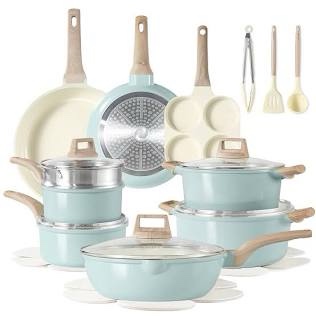 CAROTE 21pcs Pots and Pans Set Nonstick, Cookware Set Black Granite Induction Kitchen Cooking Set w/Frying Pans & Saucepans(PFOS, PFOA Free)