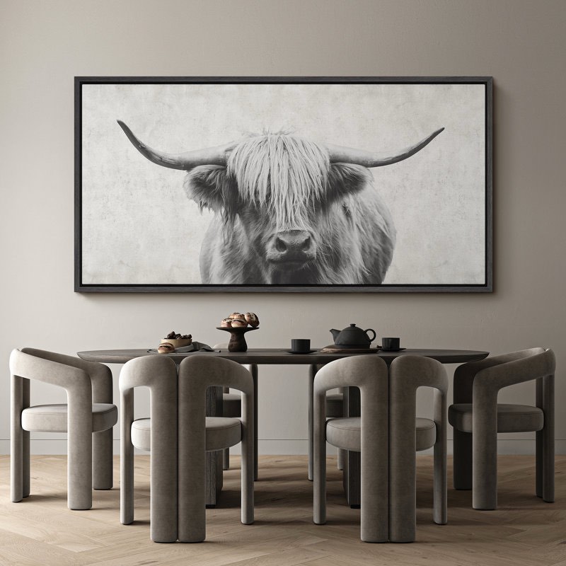 animals "portrait of a highland cow black and white modern art extra large framed wall pictures"