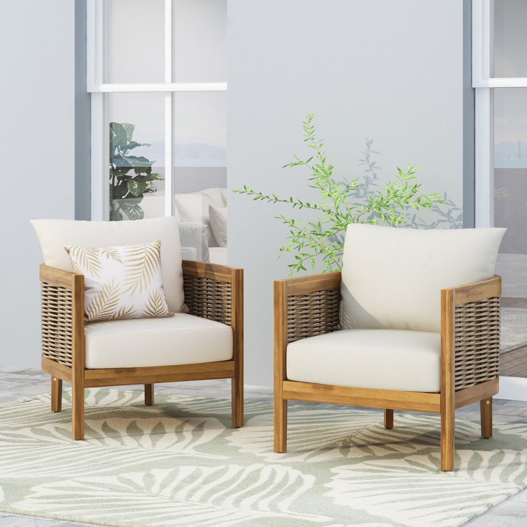 Boling Outdoor Acacia Wood Club Chairs with Cushions (Set of 2)