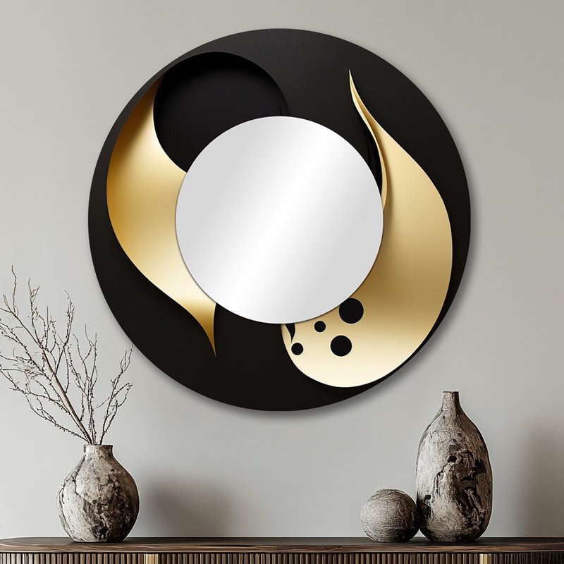 Golden Droplets On Black - Geometric Large Mirror, Black Round Decorative Wall Mirror, Printed Metal Art