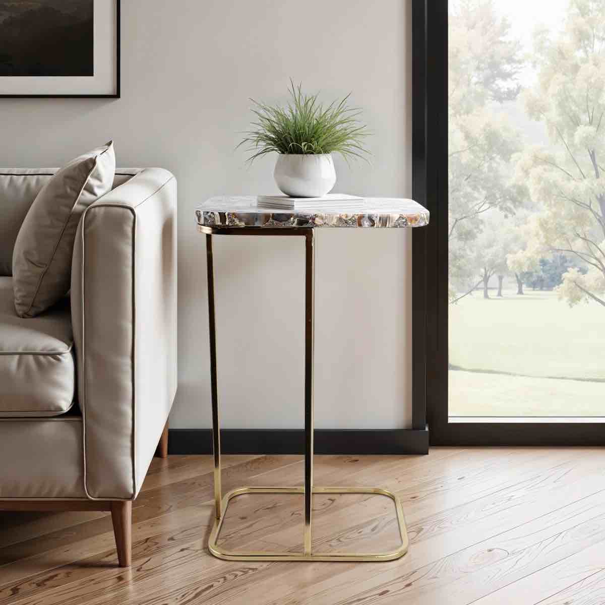 Side Table with Agate Top and Gold Metal Base, C-Shaped End Table for Living Room, Modern Accent Table, 24"