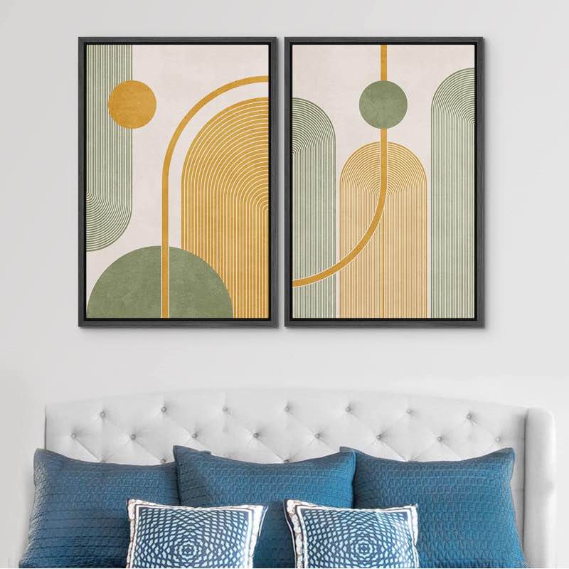 Mid Century Modern Boho Vintage Yellow Green Polygons Abstract Shapes Digital Art  Art  Calm/Zen On Canvas 2 Pieces Print