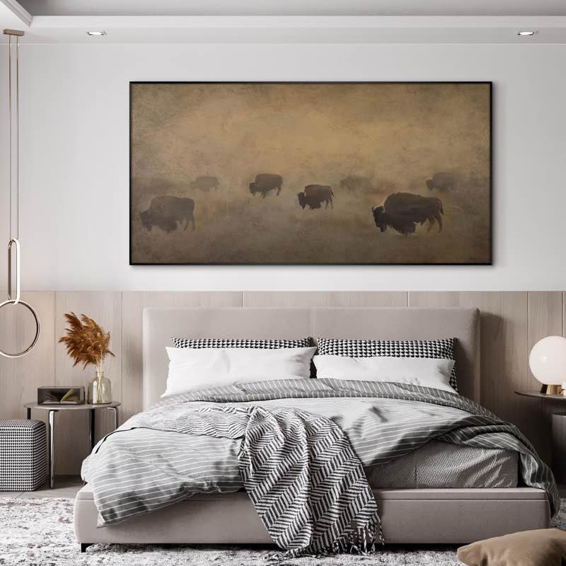 buffalo herd in hazy landscape rustic western extra large wall art print decor, frame assembly required