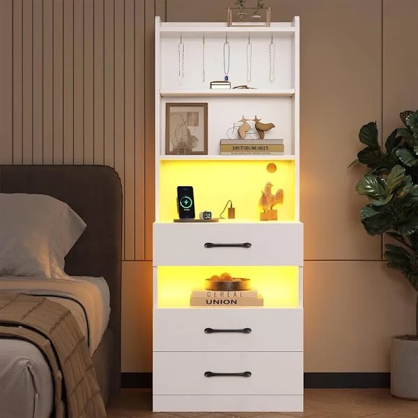 Manech 51.8" Tall Nightstand with Charging Station and LED Lights